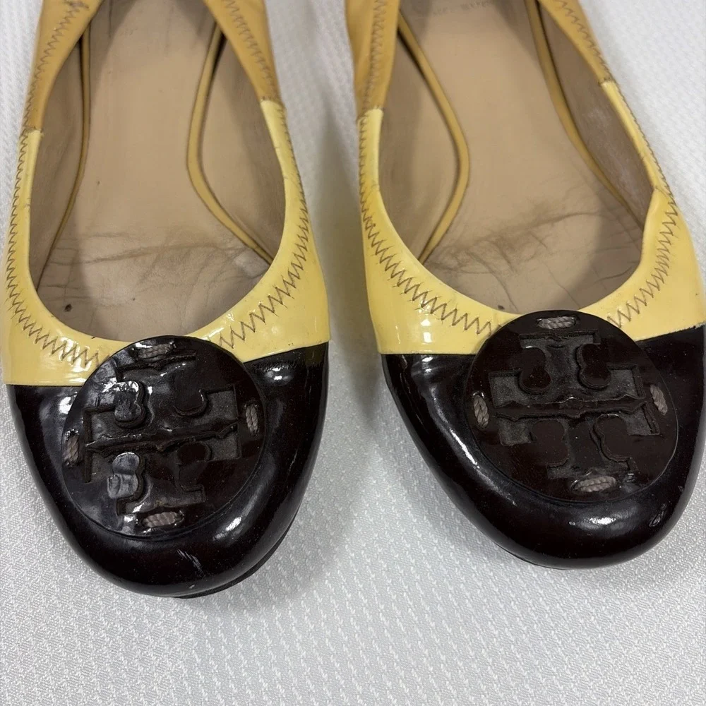 TORY BURCH Women's 7.5‎ - Beige & brown patent leather ballet flats shoes MINNIE
